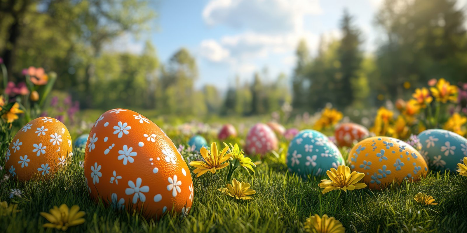 Colorful decorated eggs scattered across a vibrant spring meadow filled with wildflowers under a clear blue sky